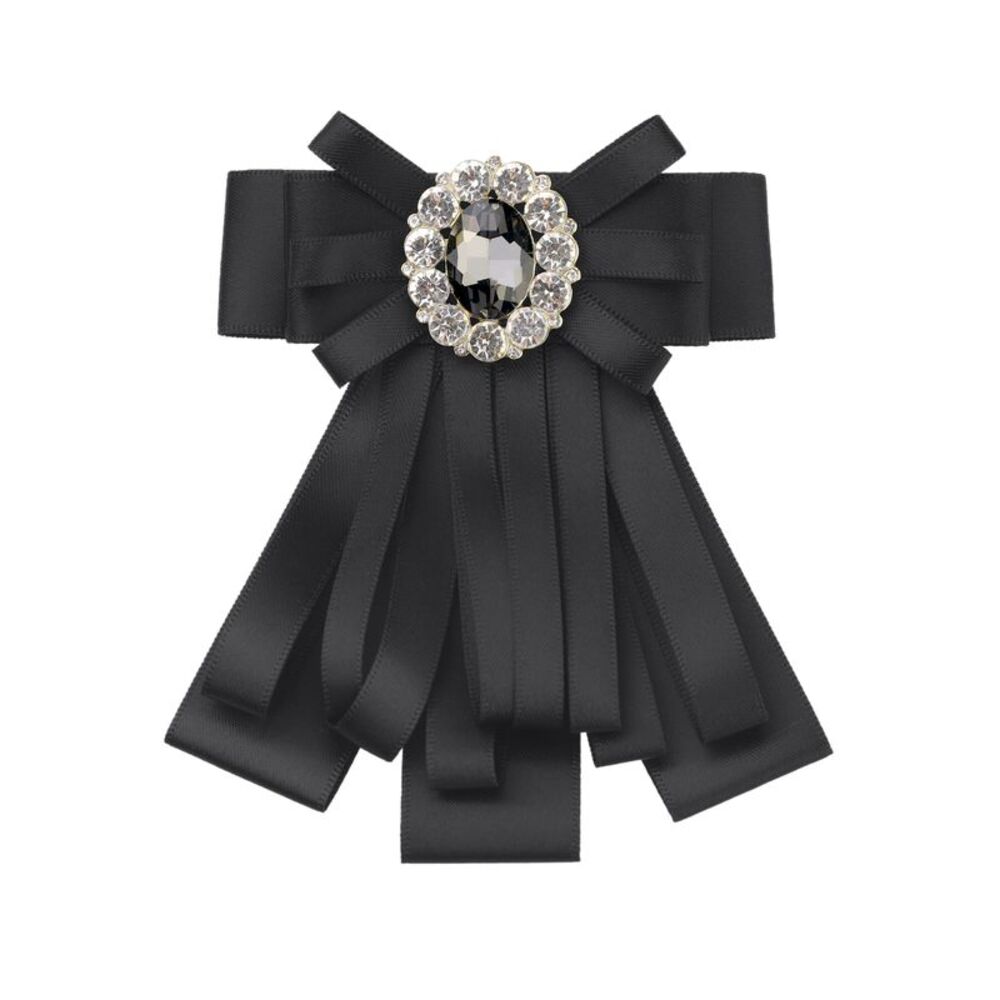 Bow Brooch Pre-Tied Ribbon Faux Rhinestone Elegant Bow Ties One Size Black
